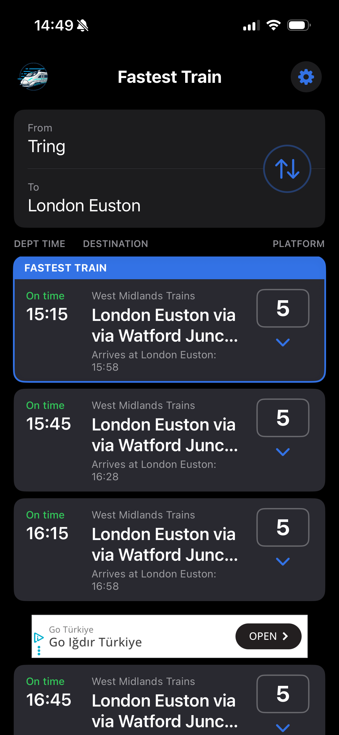 Fastest Train Live Departures
