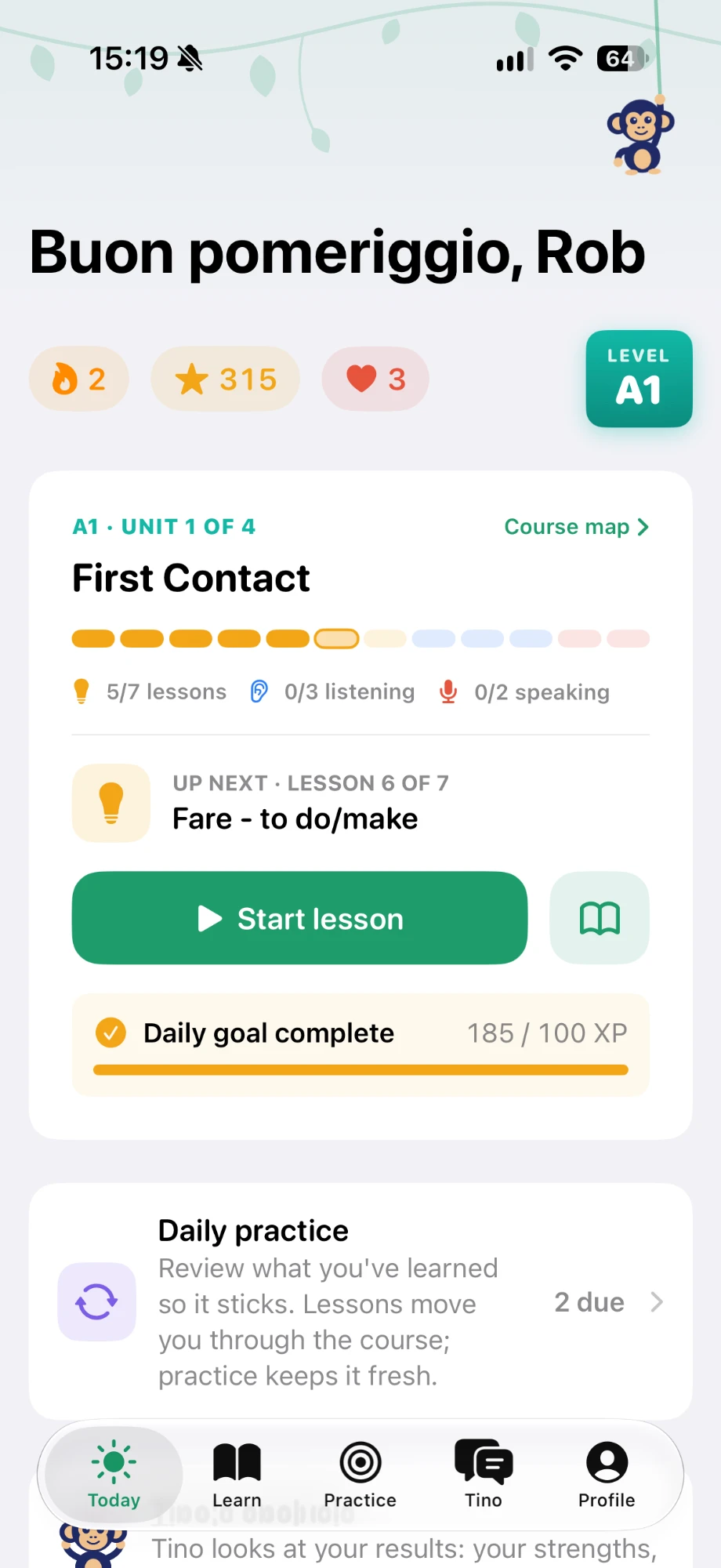 Lingotino Today screen with streak, XP, hearts, A1 level tile and the next lesson ready to start