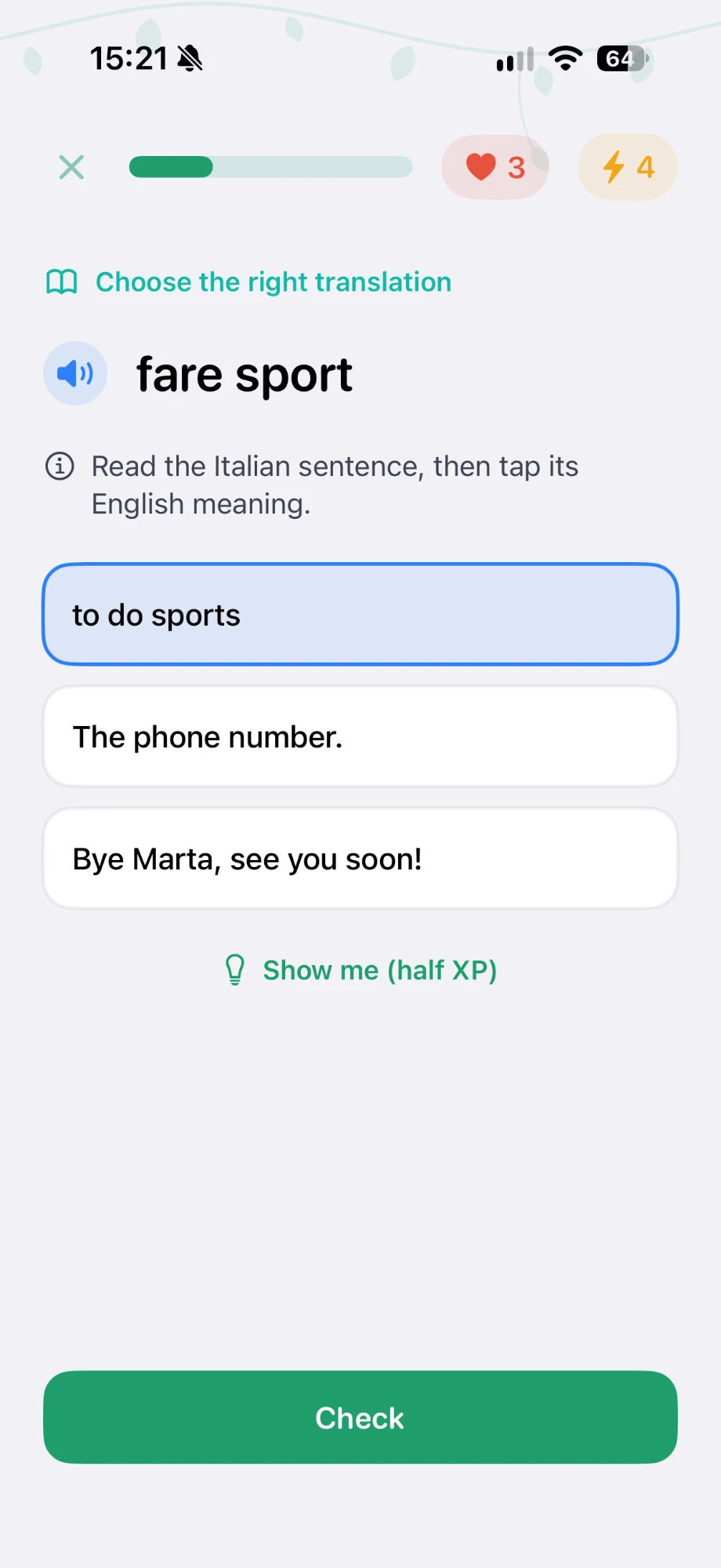 Choose the right translation exercise for the Italian phrase fare sport, with audio