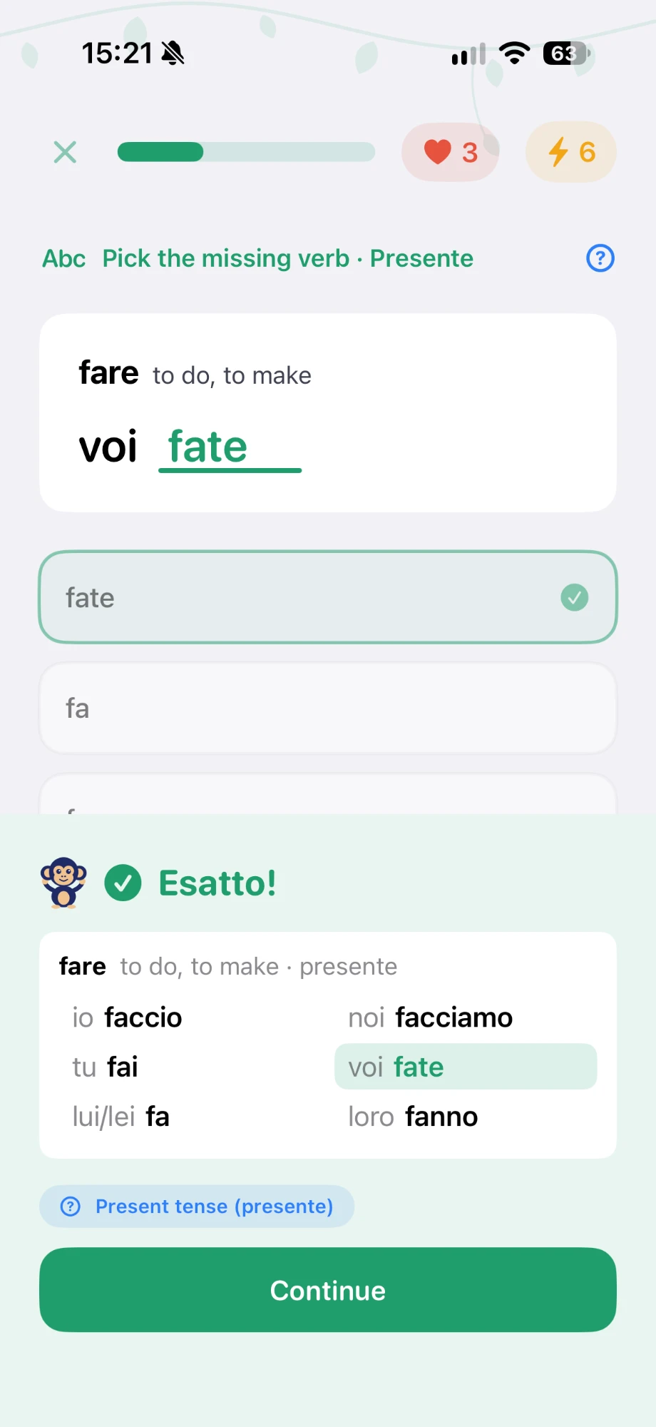 Correct answer for the verb fare in the present tense, with the full verb table