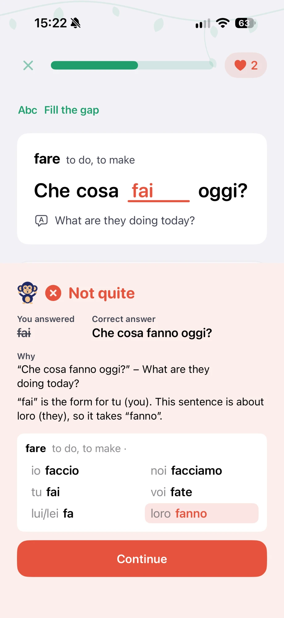 Fill the gap feedback explaining why the answer is fanno, not fai, with the verb table highlighted