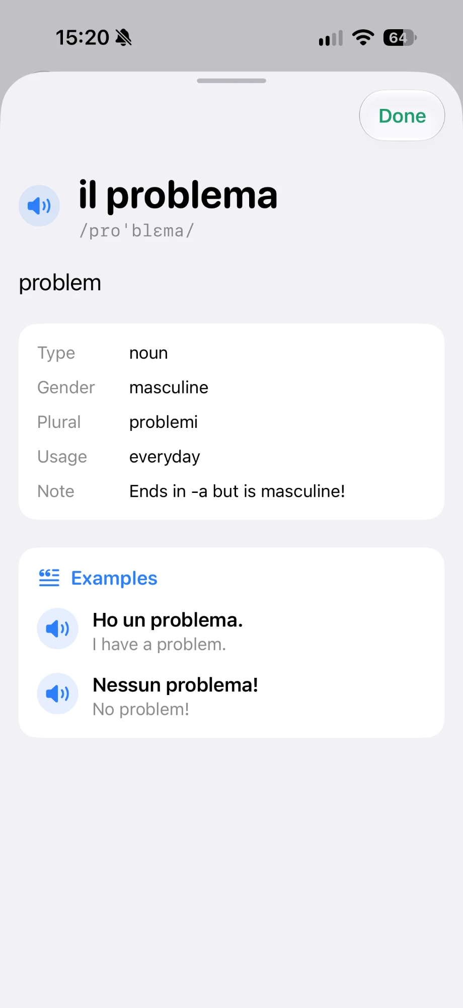 Word card for il problema with pronunciation, gender, plural, a usage note and spoken examples